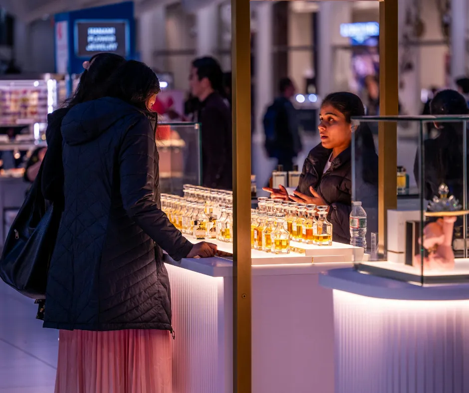 Mujer probando perfumes para mujer en una barra con demostradora